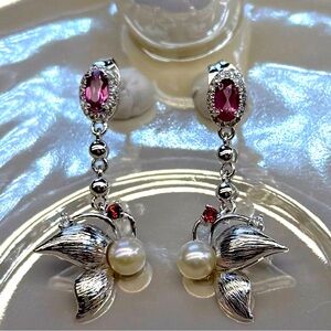 EPF19 Genuine 0.7CT Rhodolite Garnet 4-5mm Pearl Butterfly Earrings 18K WG S925
